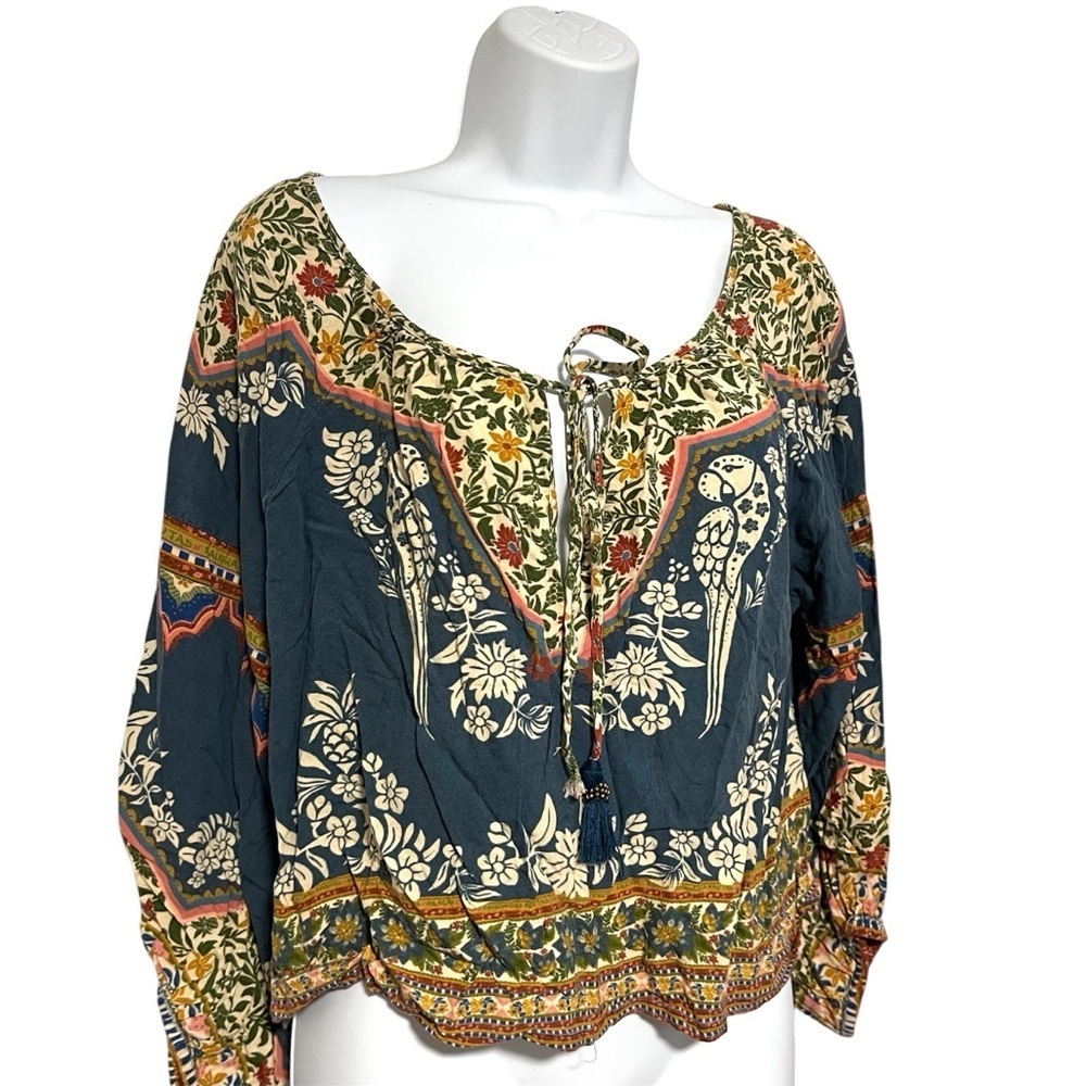 BRAZIL EXCLUSIVE Farm Rio Bird Floral Printed Boho Tassel Tie Top Size Small